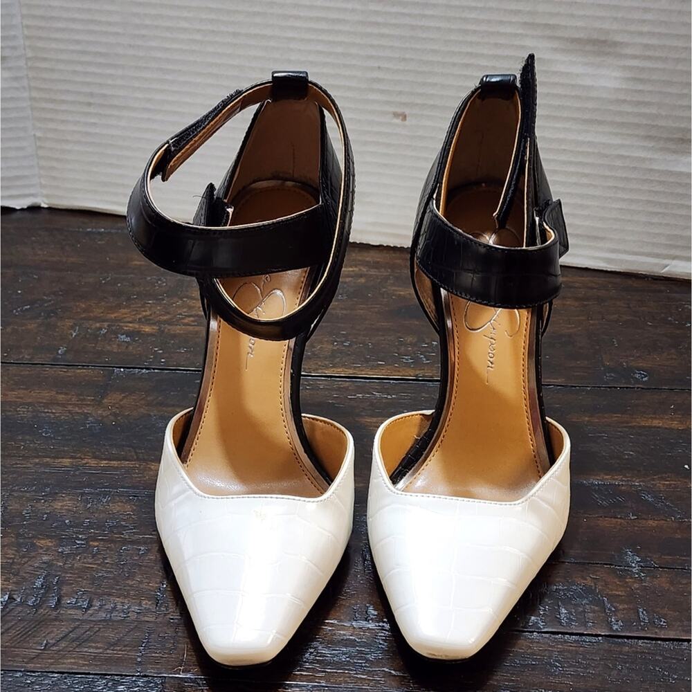Jessica Simpson Cassiya black and white ankle strap heels size 7